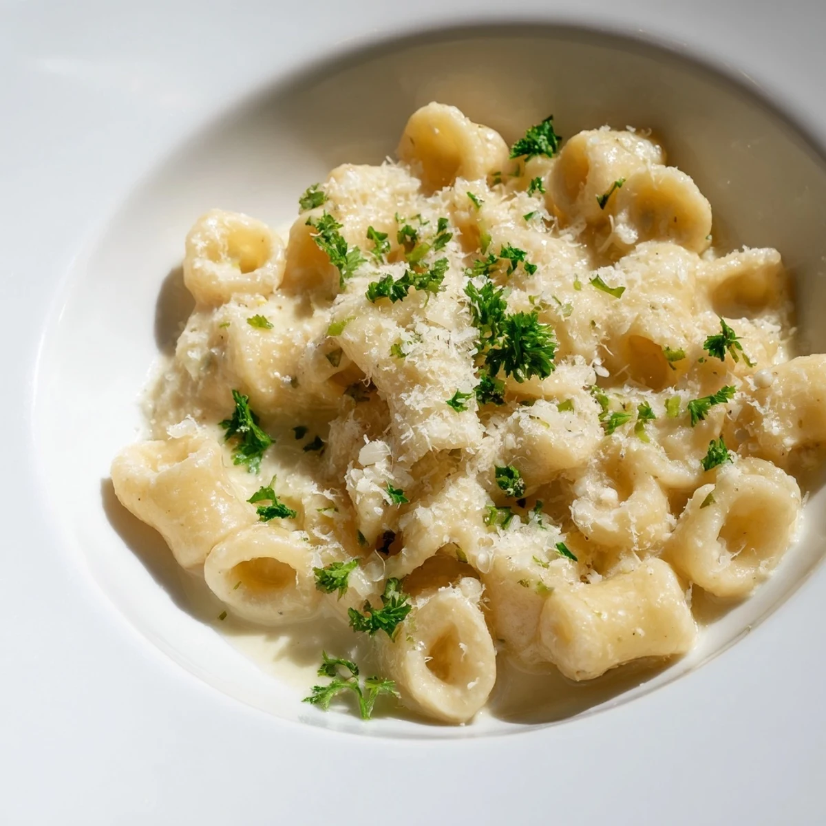 Bowl of ditalini pasta with creamy garlic flavor, a vegetarian delight, ready to be enjoyed.