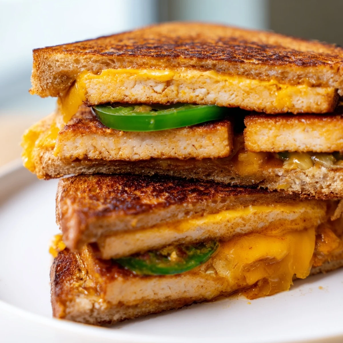 Golden crispy Spicy Crispy Tofu Grilled Cheese with melted vegan cheese oozing between toasted sourdough.