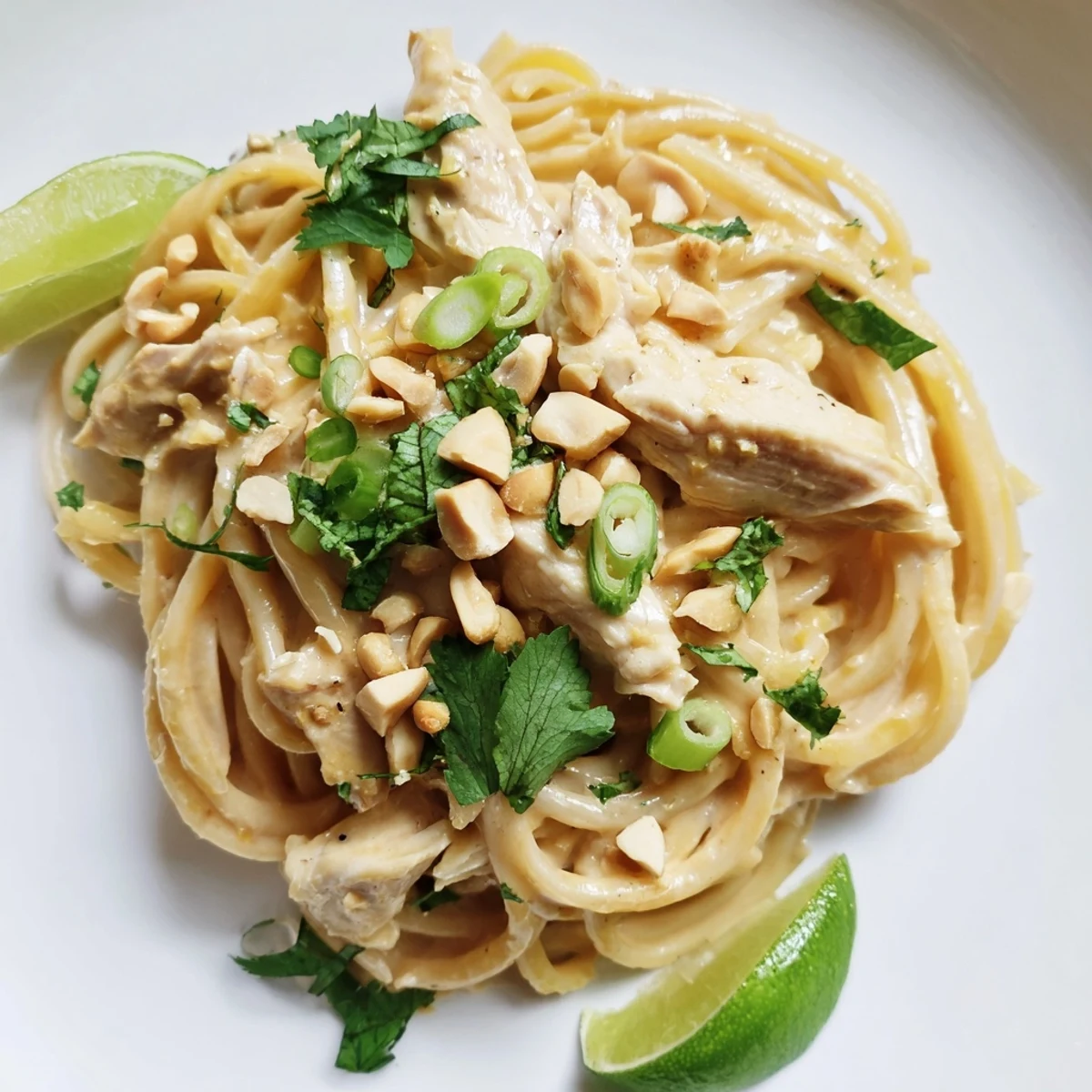 A steaming bowl of flavorful Thai Peanut Chicken Pasta, garnished with fresh herbs and peanuts.