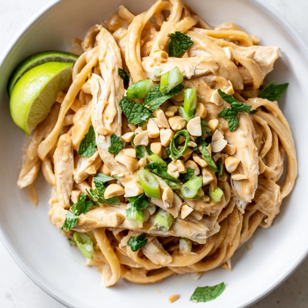 Tender chicken and linguine coated in creamy peanut sauce, showcasing this delicious Thai Peanut Pasta recipe.