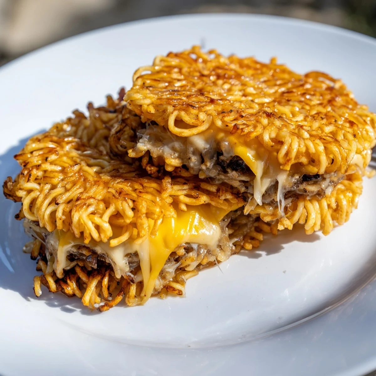 Golden-brown Ramen Grilled Cheese sandwiches, oozing melted cheese, a fun, crispy, and comforting treat.