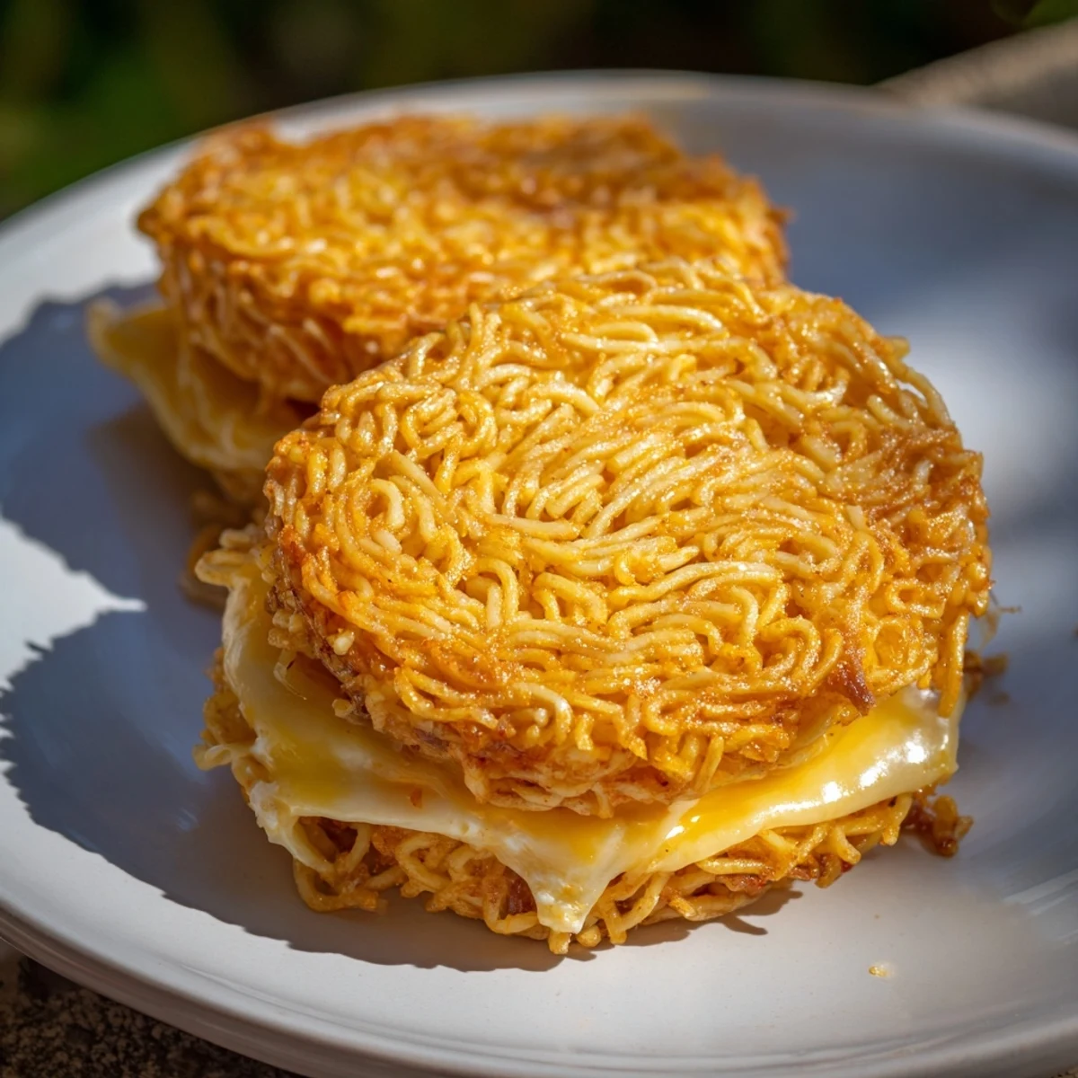 Crispy ramen "buns" sandwich gooey, molten cheese in this irresistible Ramen Grilled Cheese variation.