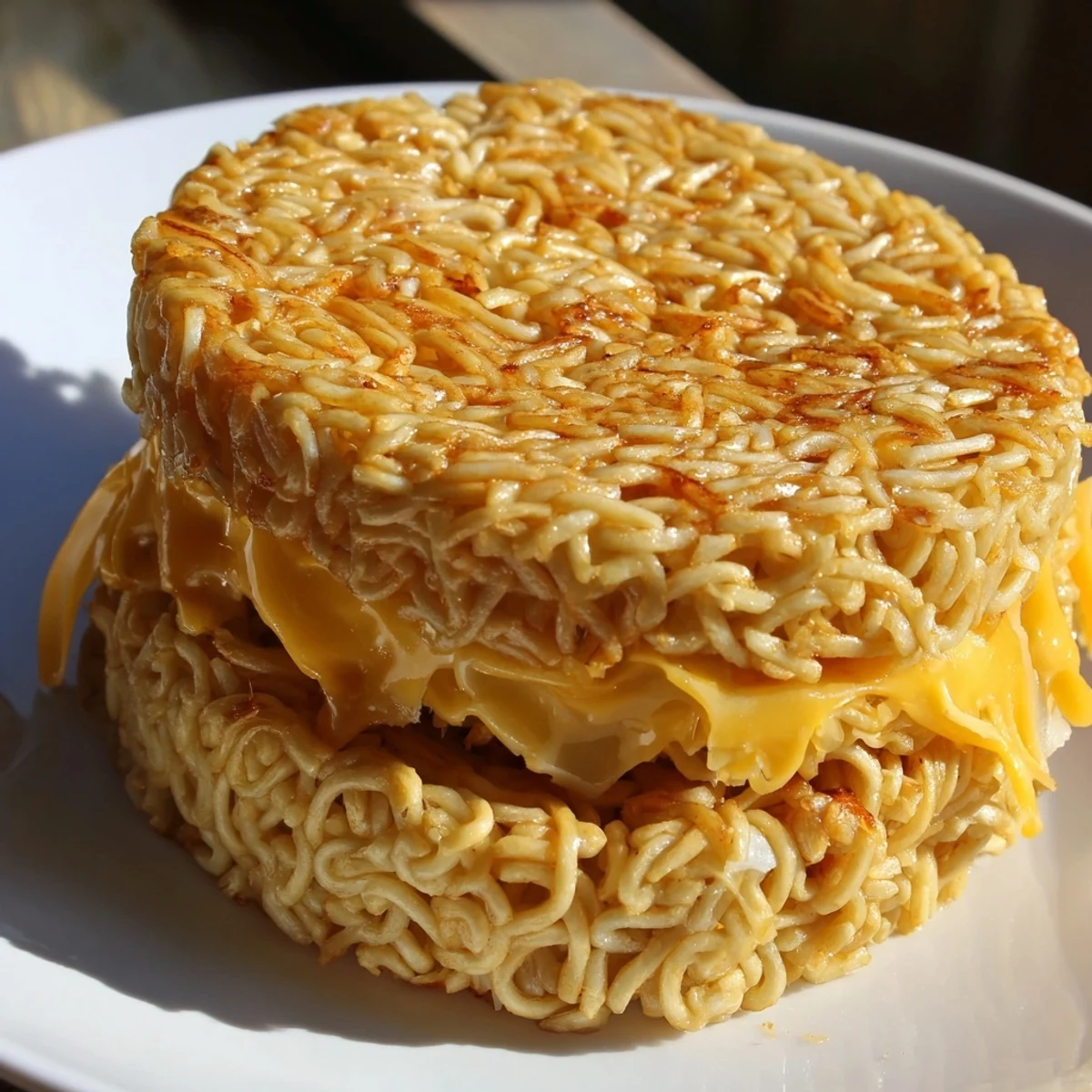 Mouthwatering close-up of a perfectly toasted Ramen Grilled Cheese, ready to be sliced and enjoyed.