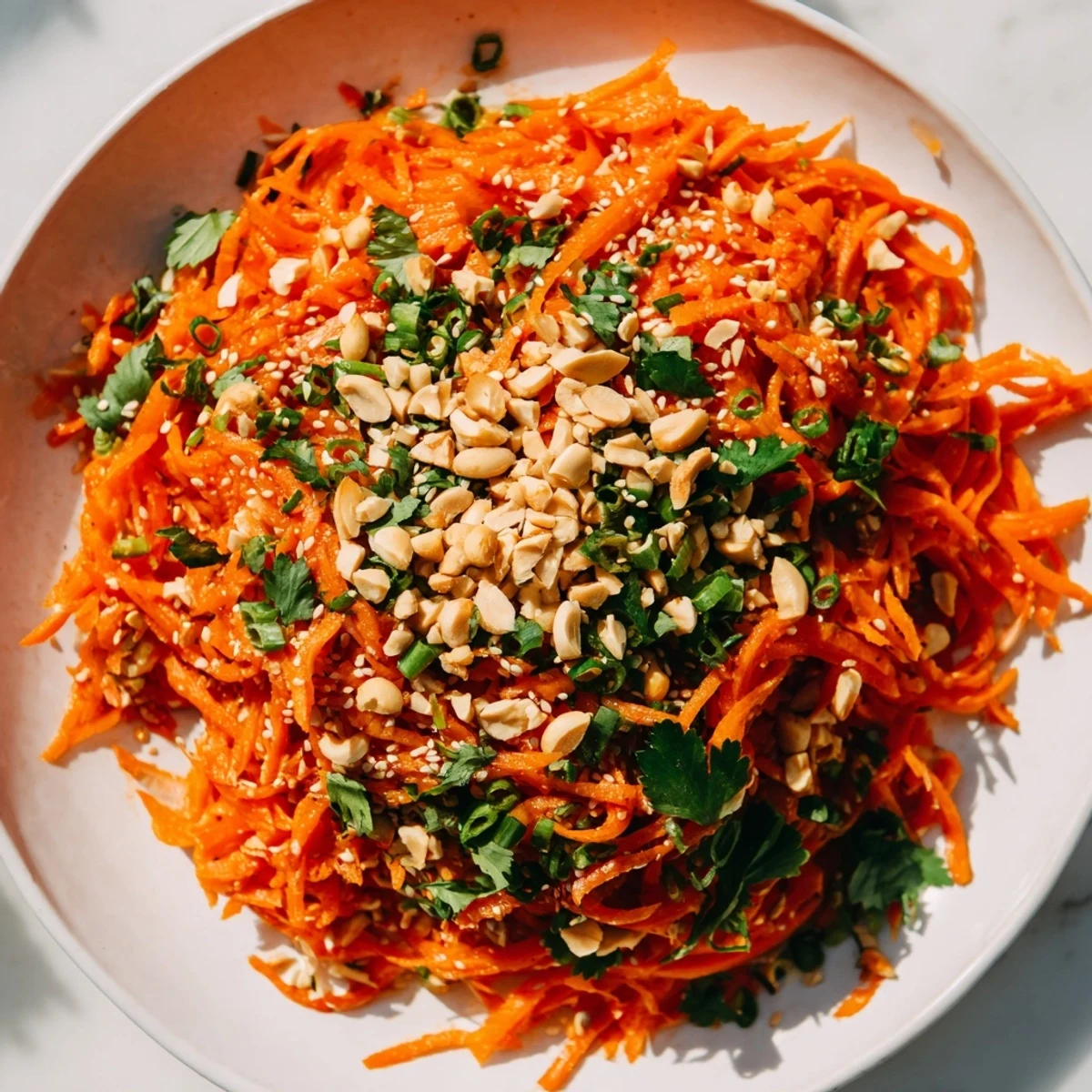 Freshly tossed Spicy Carrot Salad with sesame seeds and peanuts ready to serve; a vegan delight.