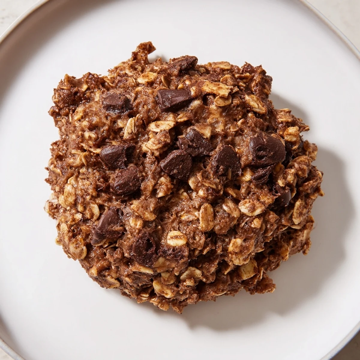 Warm, freshly baked Chocolate Oatmeal Breakfast Cookies topped with melty chocolate chips, ready to eat.