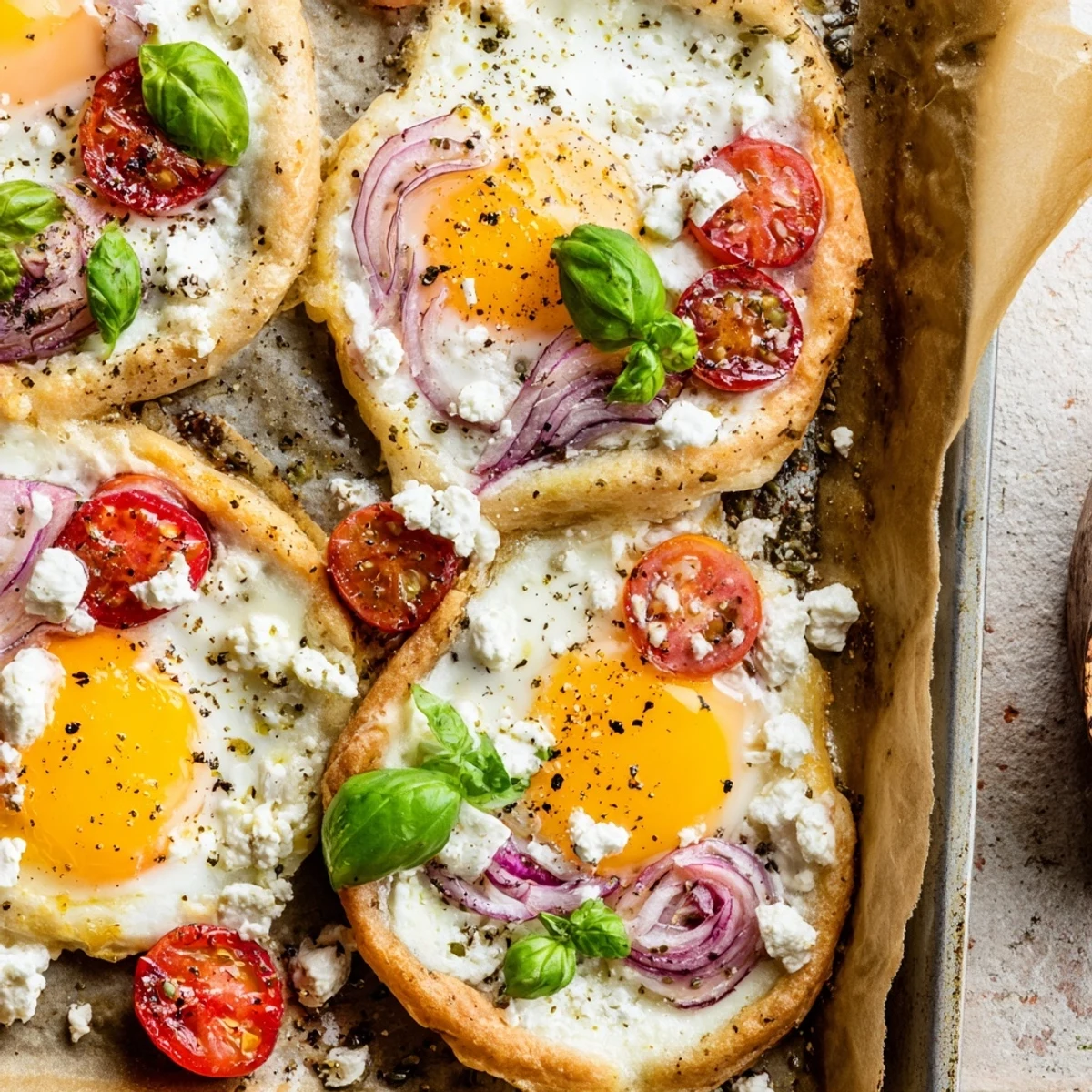 Golden Tomato Feta Baked Eggs, served hot from the sheet pan with creamy feta and fresh basil.