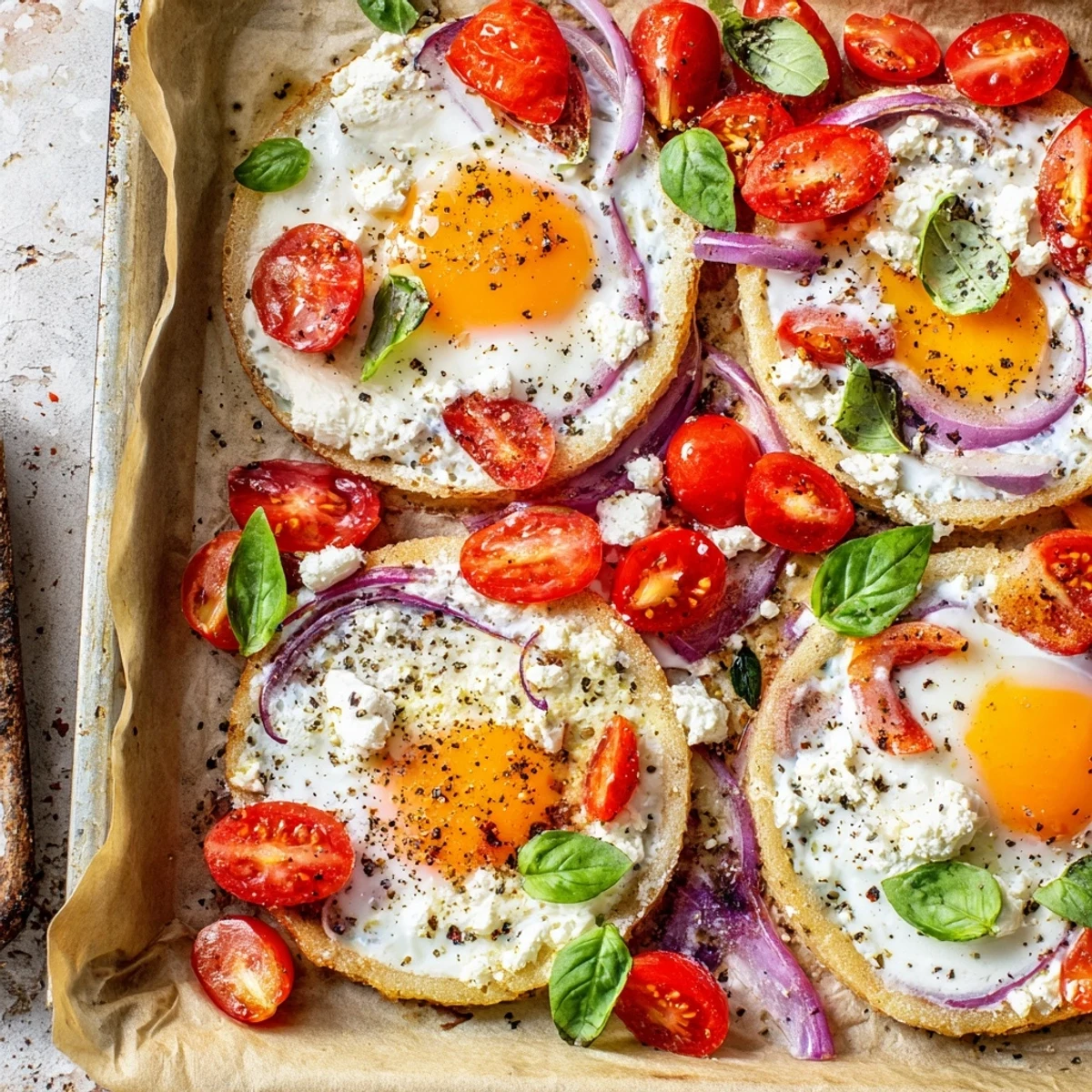 Sheet pan Tomato Feta Baked Eggs with glistening yolks, baked alongside juicy red tomatoes, ready to serve.
