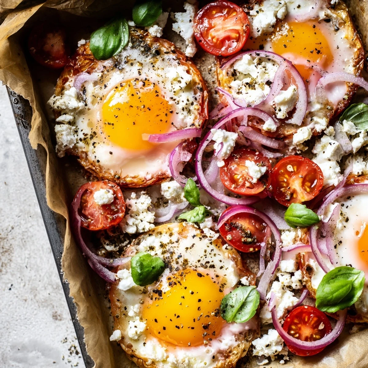 Mediterranean brunch featuring Tomato Feta Baked Eggs: flavorful baked eggs nestled amidst roasted tomatoes and feta.