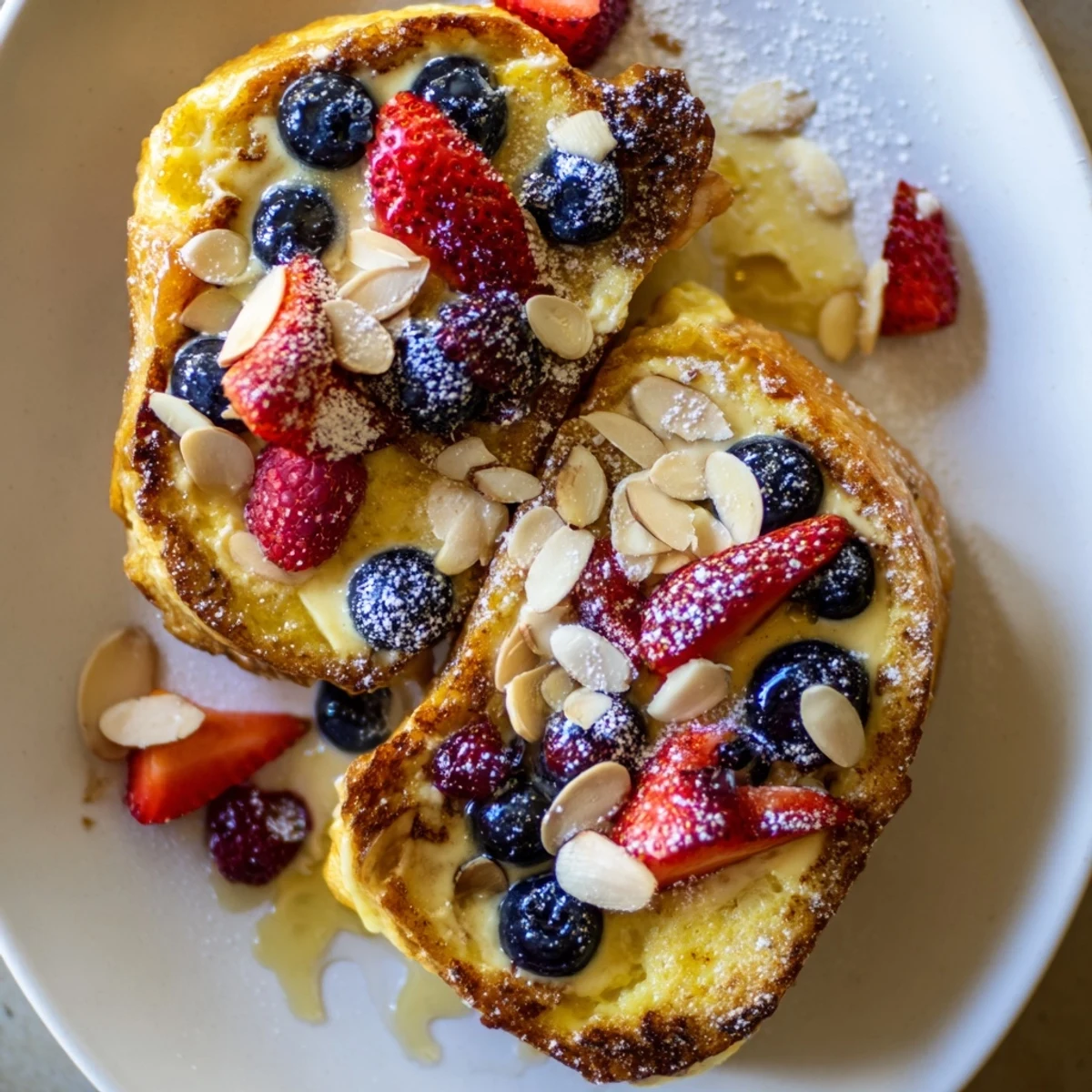 Golden-baked custard toast with fresh berries, a delicious, easy American breakfast or brunch dish.