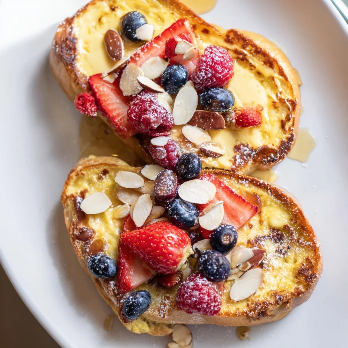 Homemade custard toast with a soft, creamy center, topped with juicy berries and a dusting of powdered sugar.