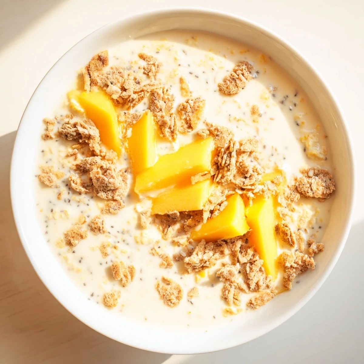 Creamy Mango Blended Overnight Oats, smooth and chilled, a breakfast treat with sweet mango and crunchy granola.