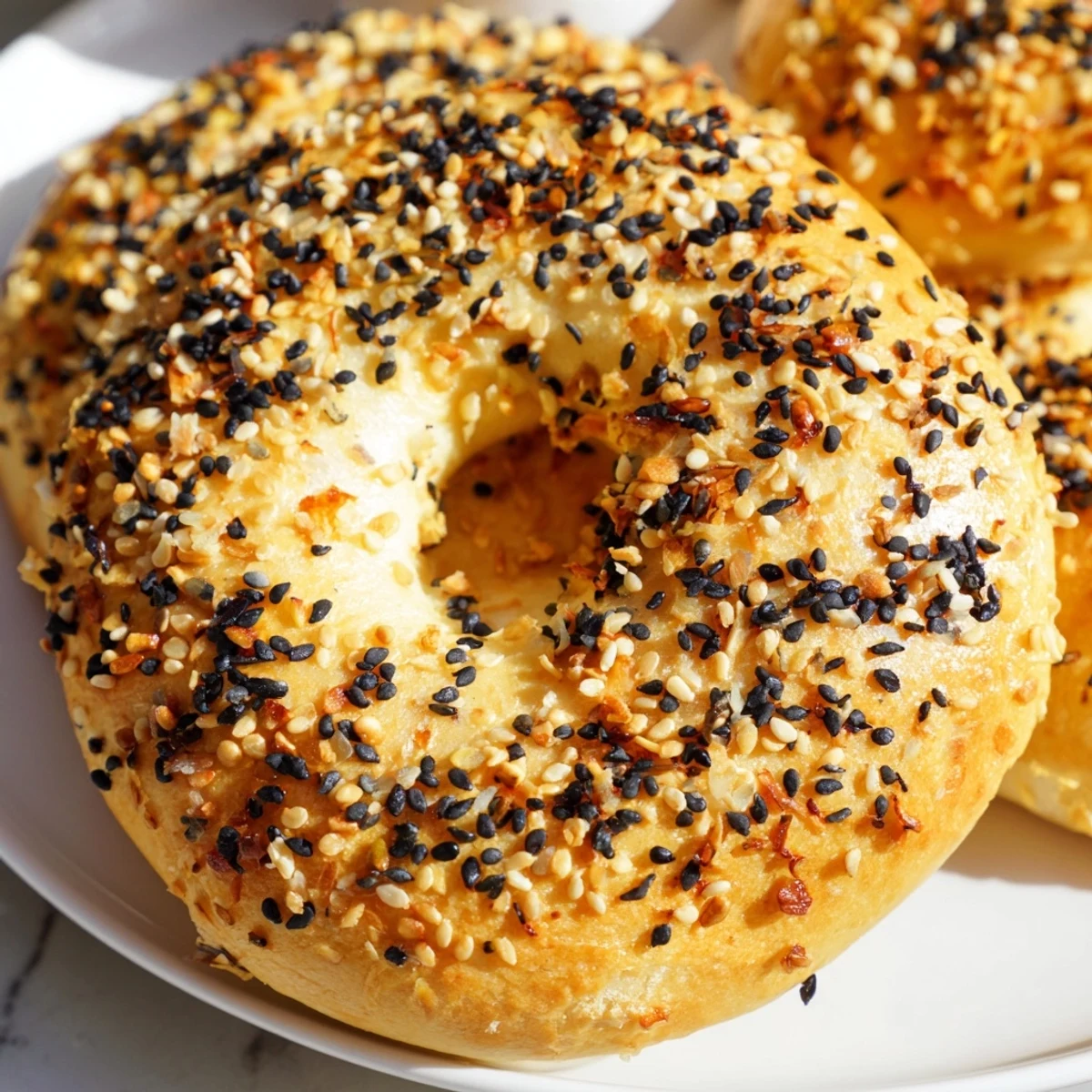 Golden-brown Everything Bagel Yogurt Bagels, fresh from the oven, ready to be topped and devoured.