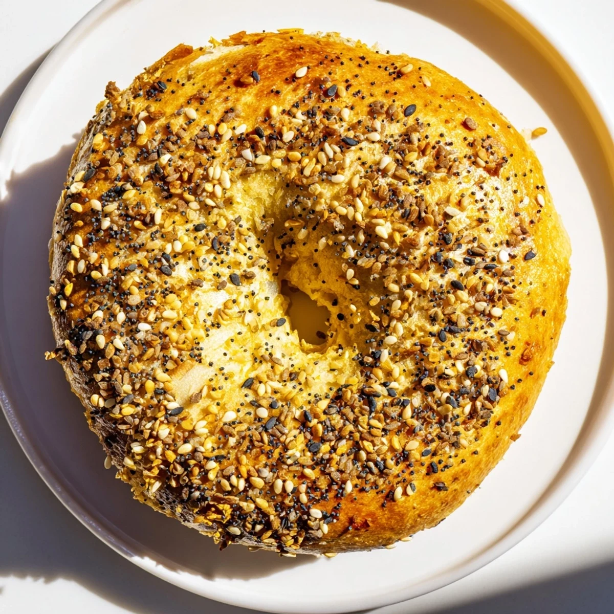 A close-up of fluffy, everything bagel seasoned Yogurt Bagels, ideal for a quick breakfast.