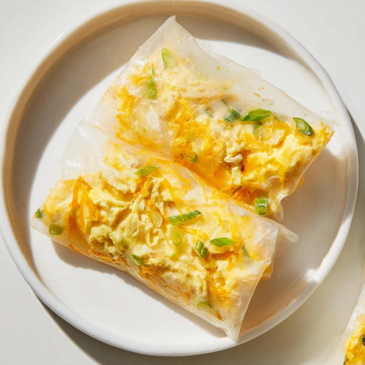 Close-up of a warm Rice Paper Egg & Cheese Fold, showcasing the fluffy egg and fresh scallions inside.