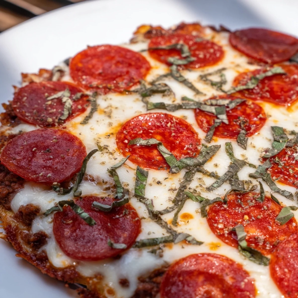 A Meat Pizza Pepperoni Stack, bubbly with melted cheese and crispy pepperoni, is appetizing.