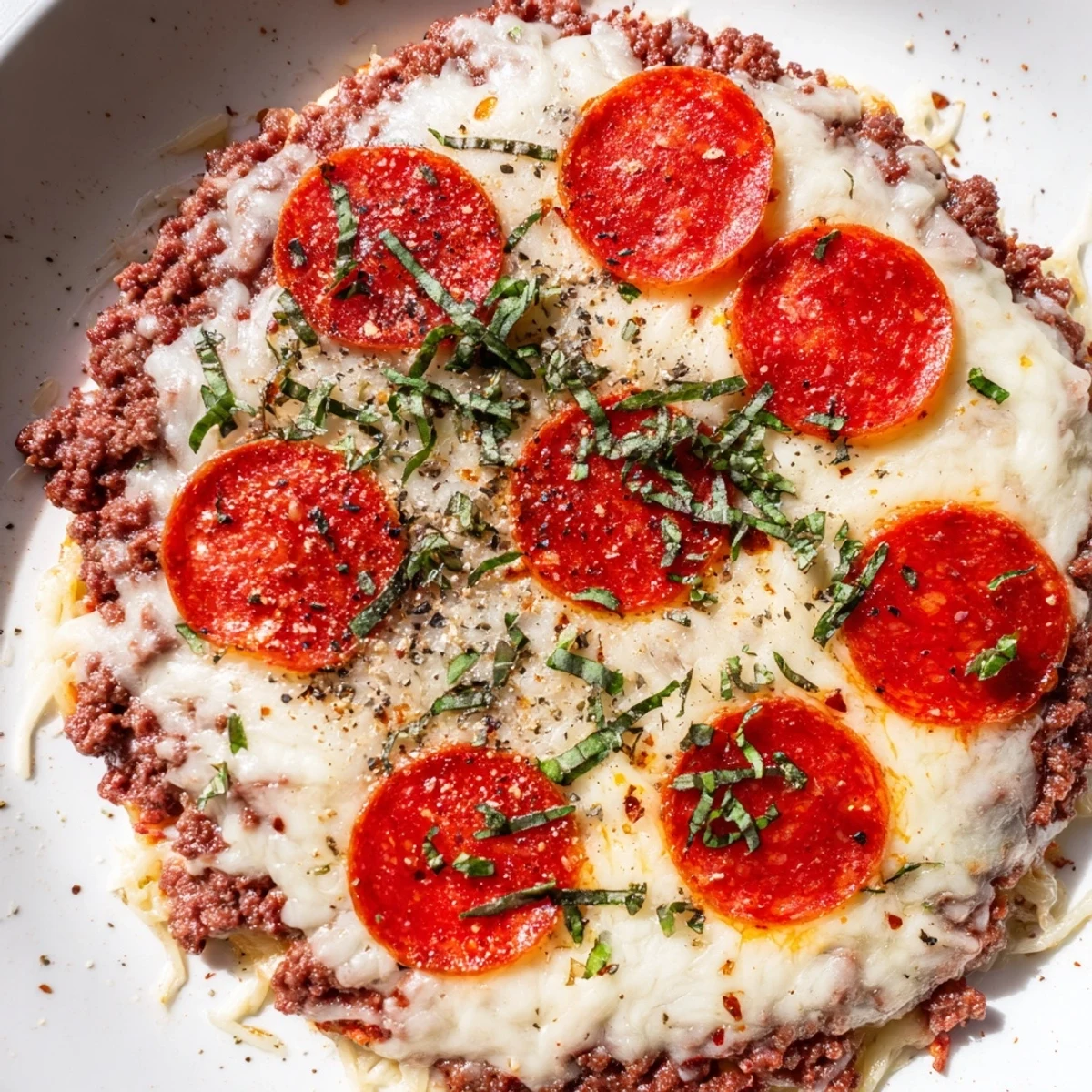 This low-carb Meat Pizza Pepperoni Stack features savory ground beef topped with mozzarella and herbs.