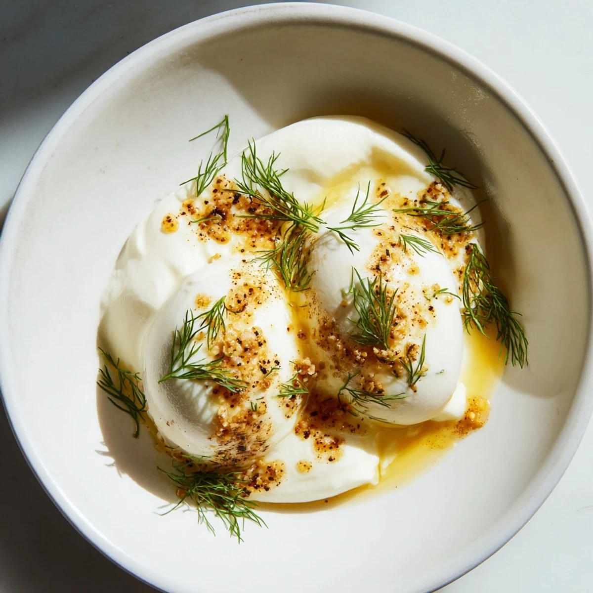 Cilbir featuring runny poached eggs and spiced butter over garlicky yogurt, ready to serve.
