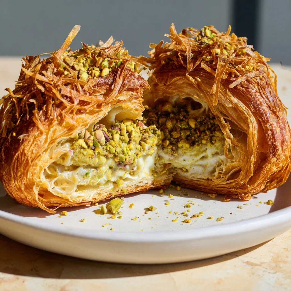 Golden baked Pistachio Cream Croissants, with flaky layers, filled with rich pistachio cream, delicious.