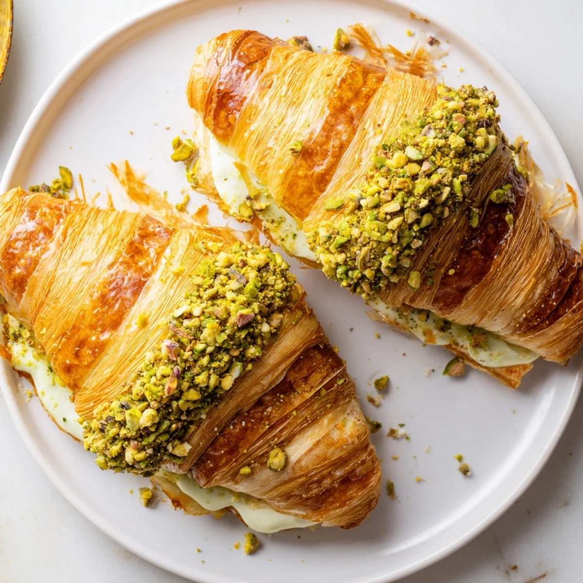 A close-up of buttery Pistachio Cream Croissants, showing a pistachio cream filling, ready to enjoy.