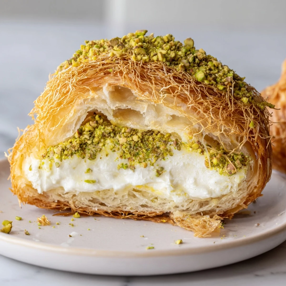 Freshly baked Pistachio Cream Croissants with a golden phyllo crust, inviting anyone for breakfast.