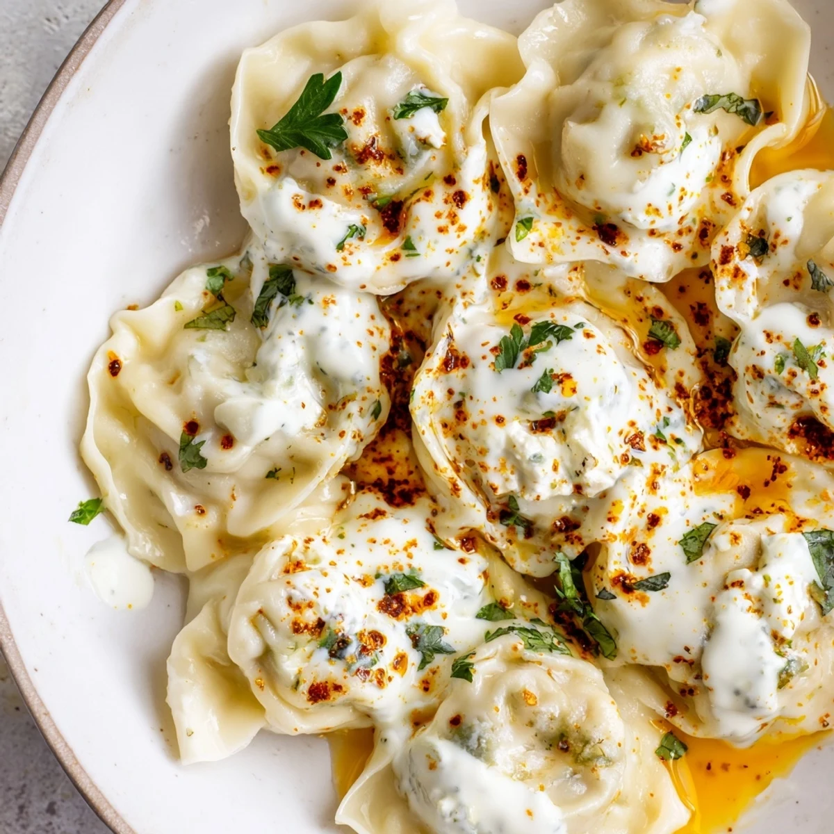 A beautiful close-up of golden-brown Turkish cheesy manti, ready to be enjoyed with flavorful toppings.