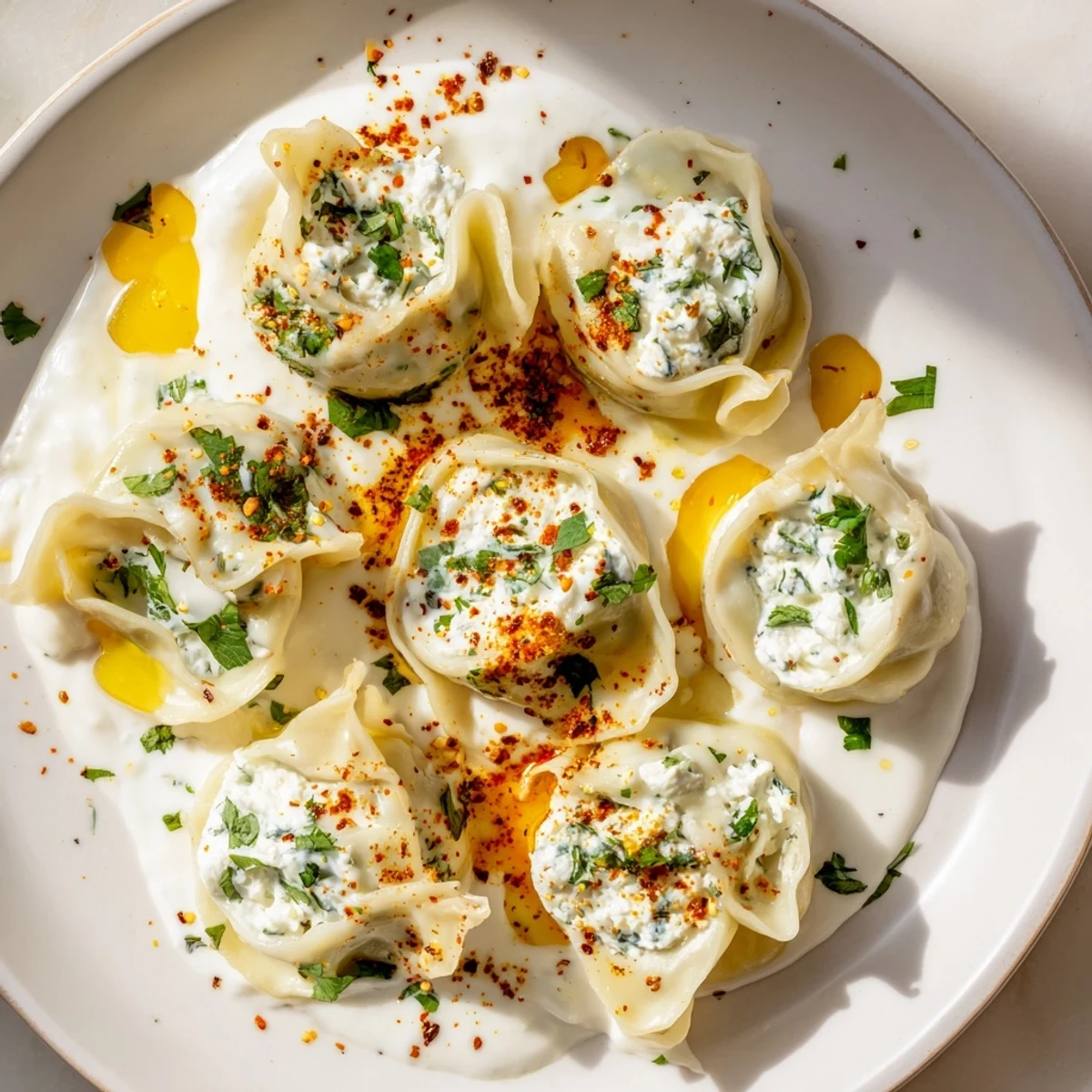 These delightful Turkish cheesy manti are served, showcasing the savory cheese filling beneath the drizzle.