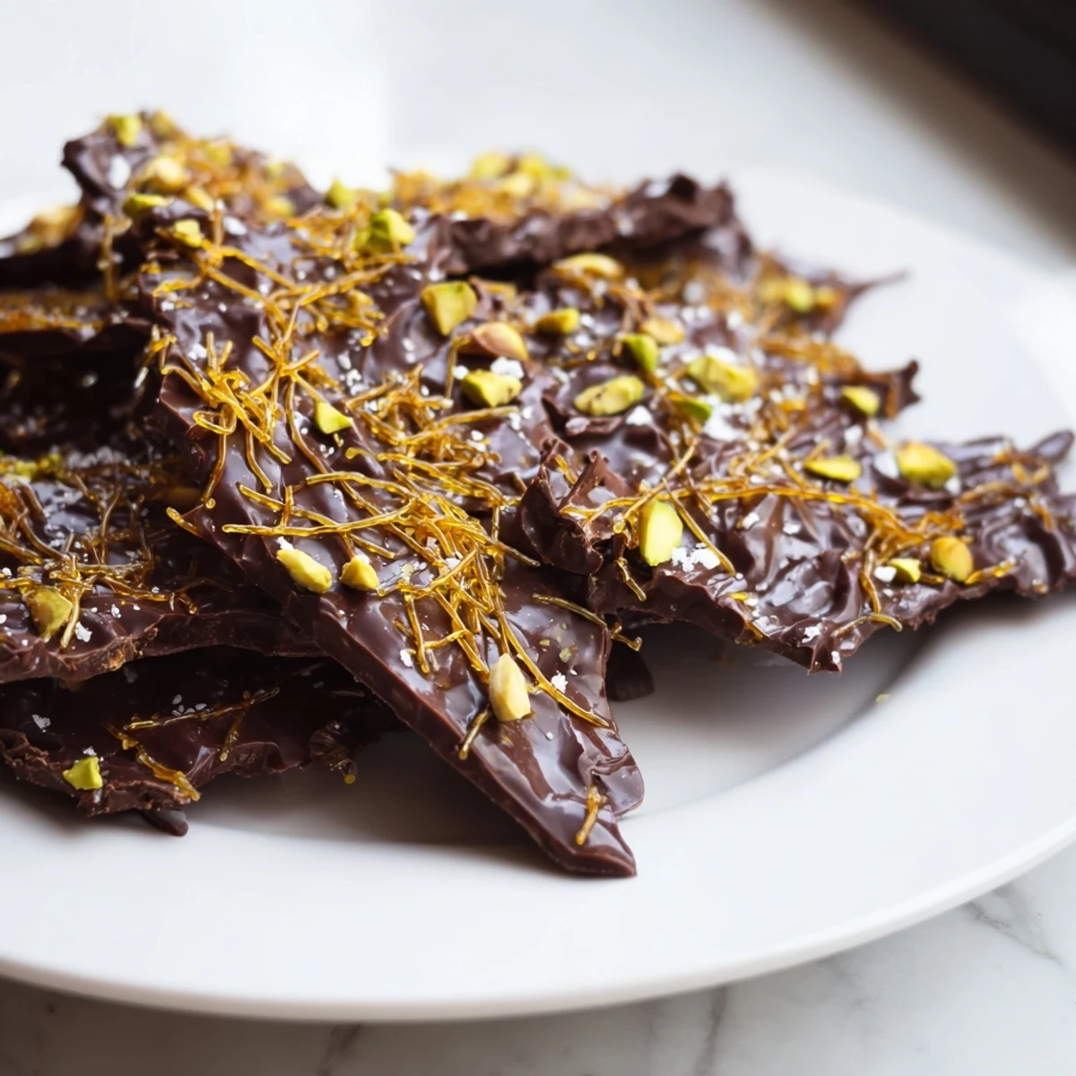 Imagine the rich, dark chocolate swirled with crunchy kataifi in this sweet Kataifi Crunch Bark creation.