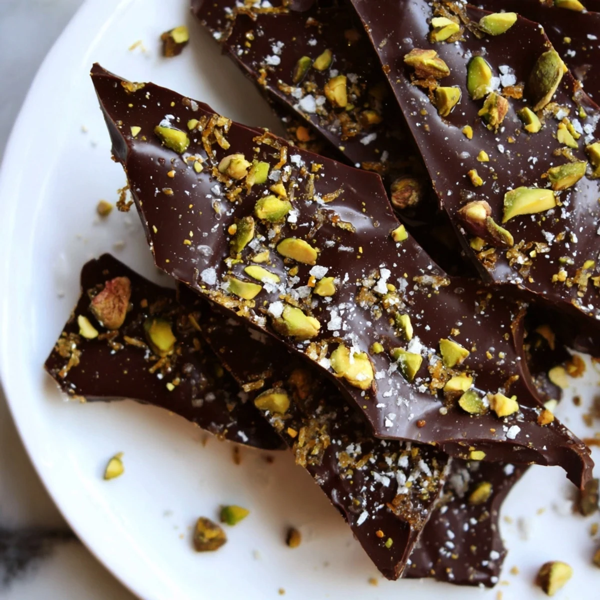 A close-up view of the delicious Kataifi Chocolate Crunch Bark with pistachios sprinkled on top.