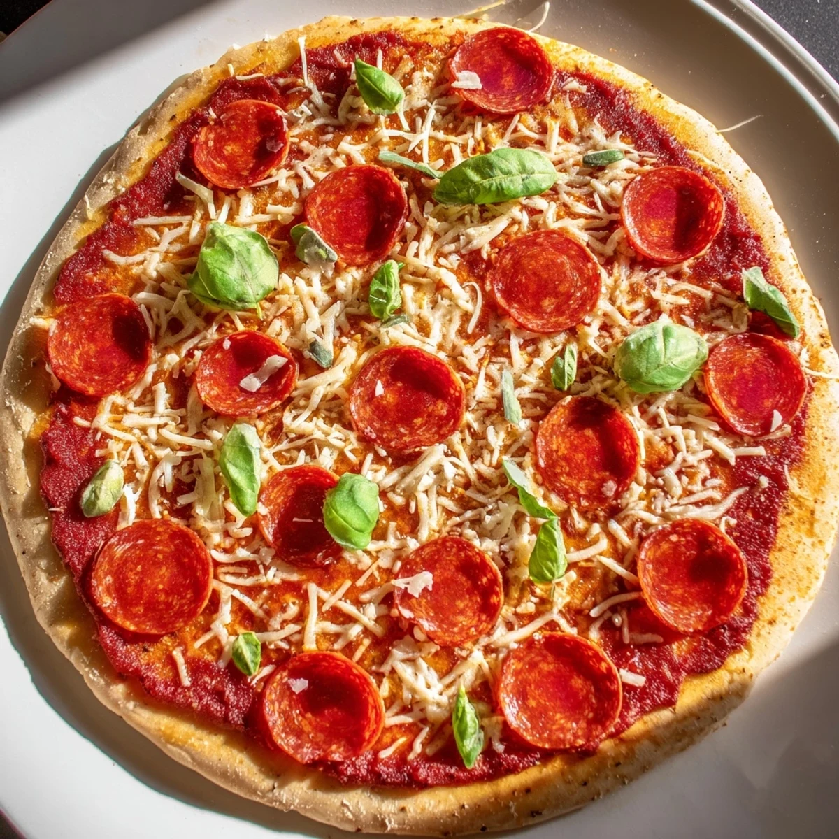 Savory baked ground beef pizza base, layered with melted mozzarella and sizzling pepperoni slices.