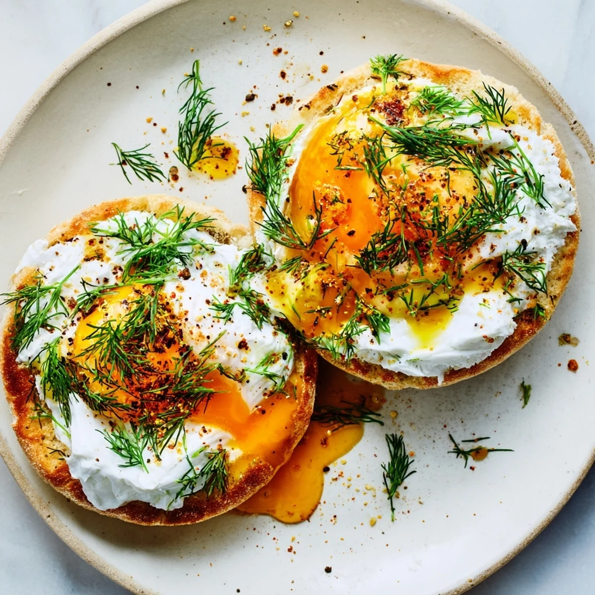 Çılbır Eggs Benedict: creamy poached eggs atop garlicky yogurt, drizzled with spicy butter and herbs.