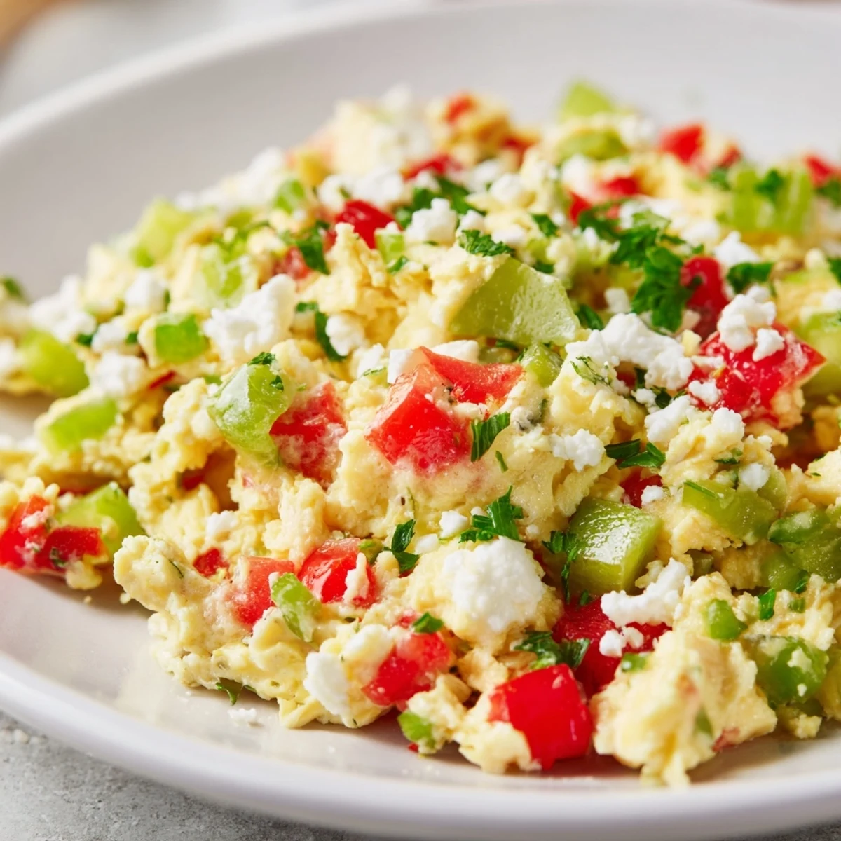 Freshly made Turkish Menemen Scramble, a bright and vibrant dish, perfect for a satisfying breakfast at home.