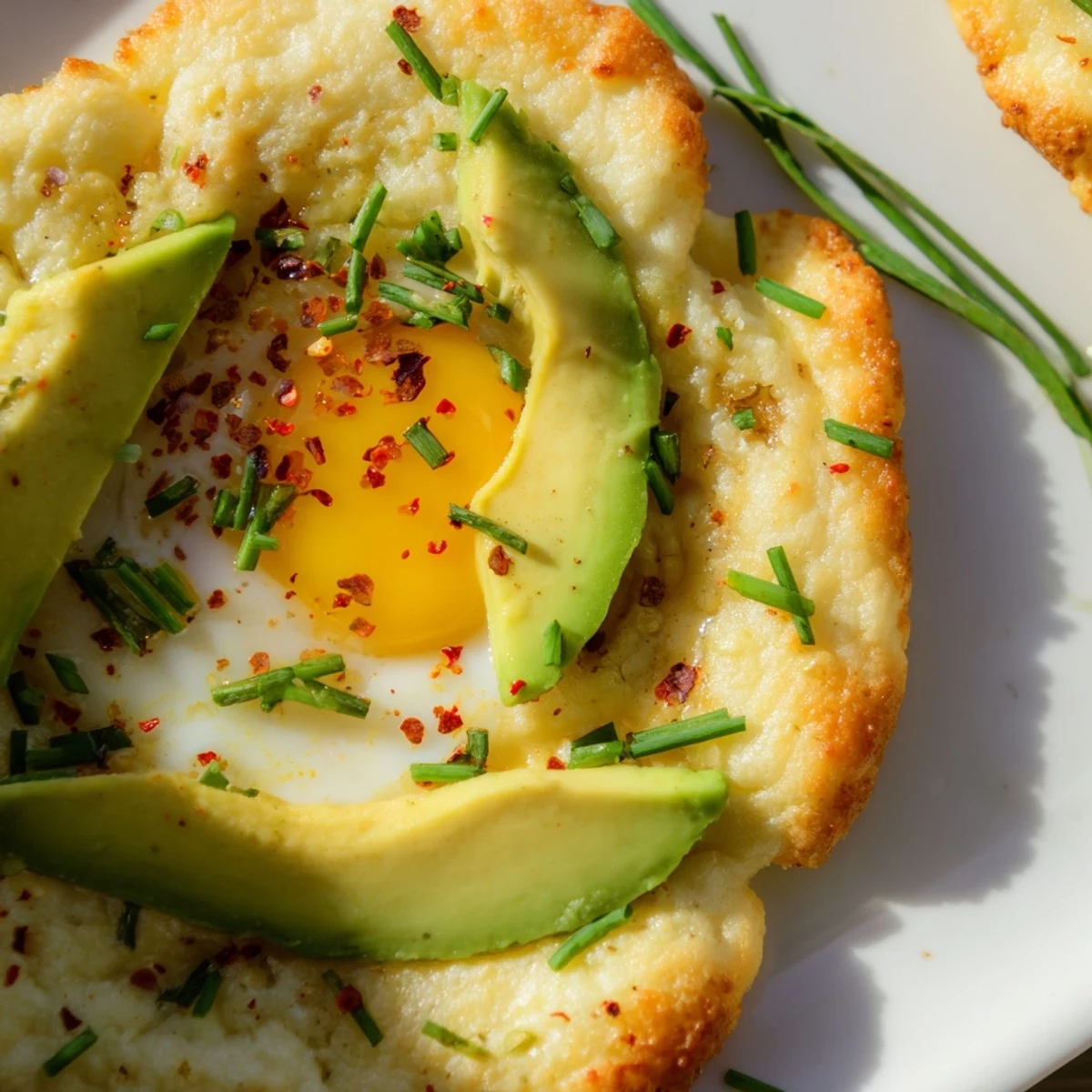 Golden baked Cloud Bread Breakfast Clouds with soft poached eggs and creamy avocado slices on a rustic plate.  