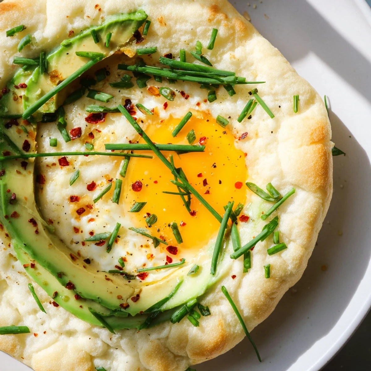 Gluten-free Cloud Bread Breakfast Clouds served with ripe avocado and poached eggs, garnished with chives and pepper flakes.