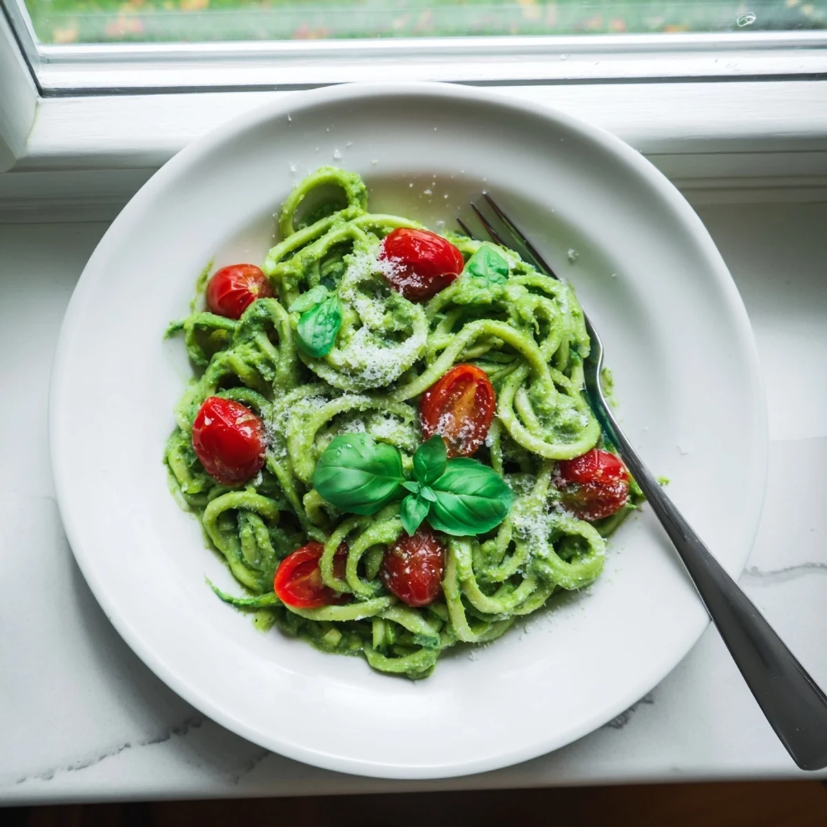 Fresh avocado pesto coats spiralized zucchini noodles, topped with juicy halved cherry tomatoes and fresh basil leaves.