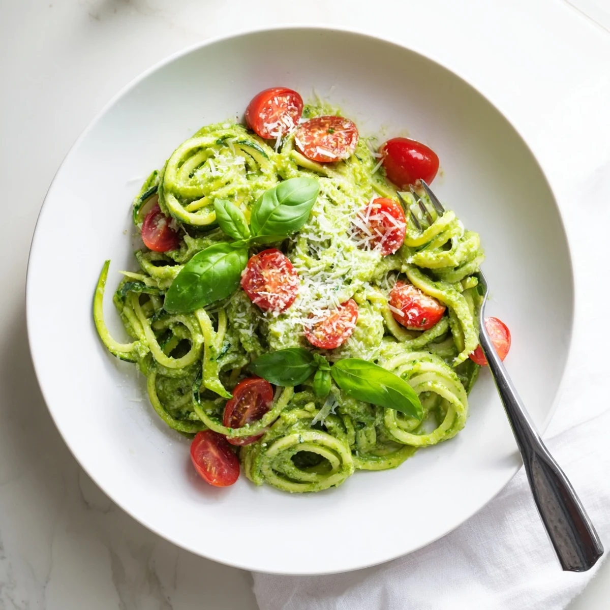 Sautéed zucchini noodles blended with vibrant avocado pesto, finished with sliced cherry tomatoes and black pepper garnish.