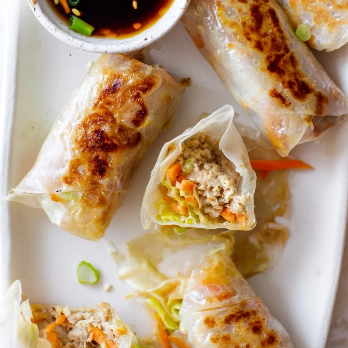 Golden-brown Crispy Rice Paper Dumplings filled with vegetables, served with tangy dipping sauce in a small bowl.