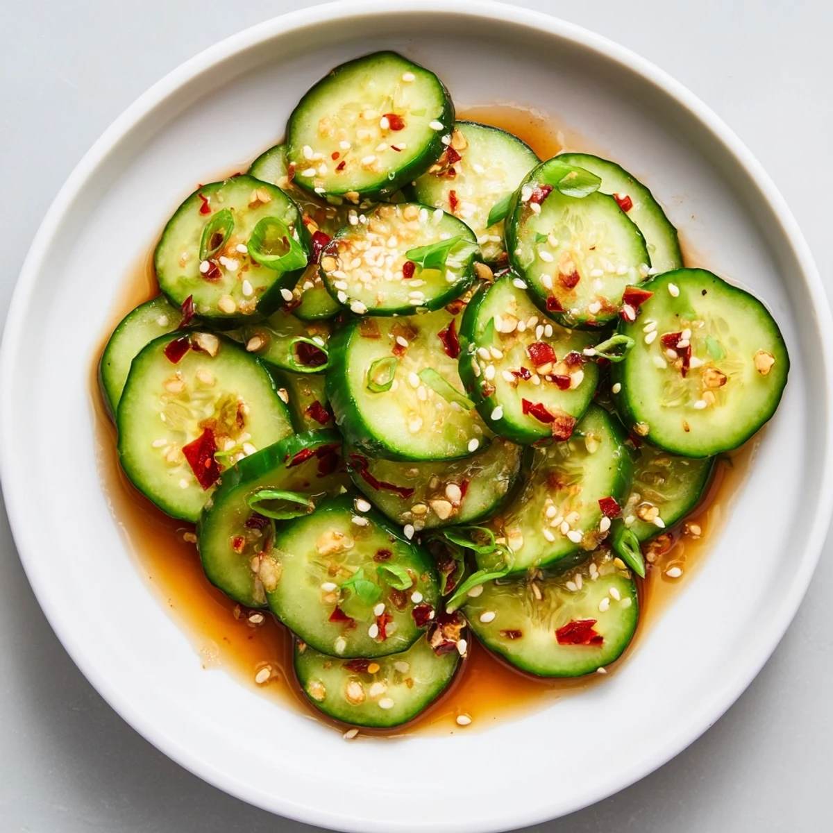 An overhead view of a garlic and sesame-scented cucumber salad, ready to enjoy at a summer picnic.