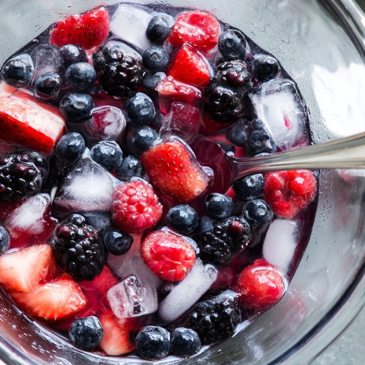 A close-up of Nature’s Cereal Bowl with mixed berries glistening in chilled coconut water over ice.