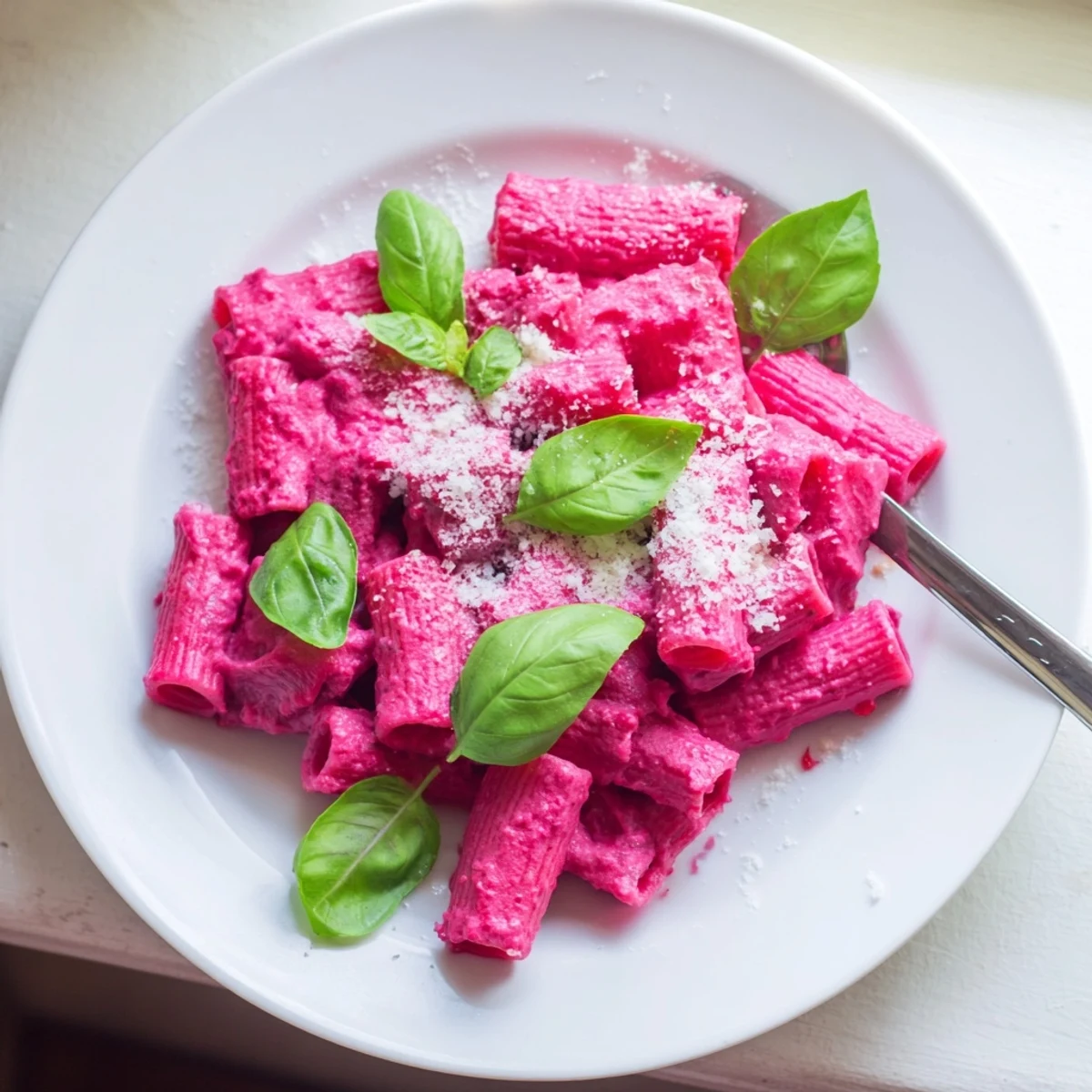 A close-up of vibrant Pink Pasta with Beet Cream sauce coating penne pasta, garnished with fresh basil and grated Parmesan.