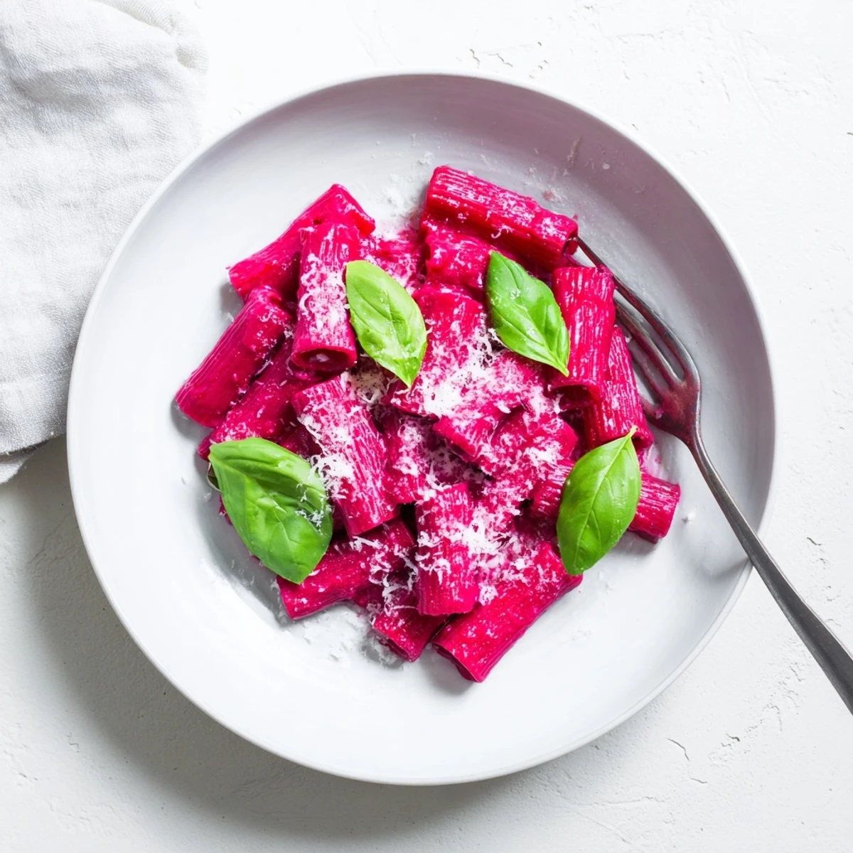 Penne pasta tossed in a rich, creamy pink beet sauce, topped with fresh basil and extra Parmesan for a savory finish.