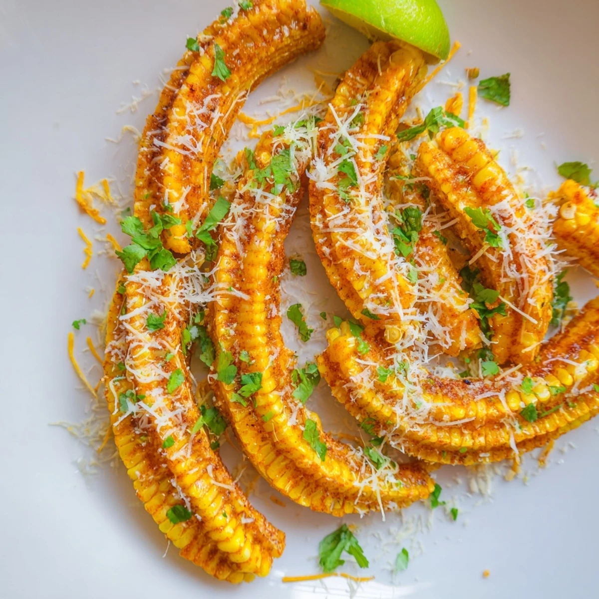 Golden-brown Cheesy Corn Ribs, roasted to crispy-edged perfection and topped with melted cheddar and fresh cilantro, served with lime wedges.