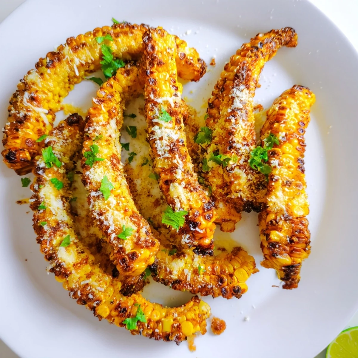 Fresh corn cut into tender ribbons, roasted until golden and topped with melted cheese and a zesty squeeze of lime for serving.