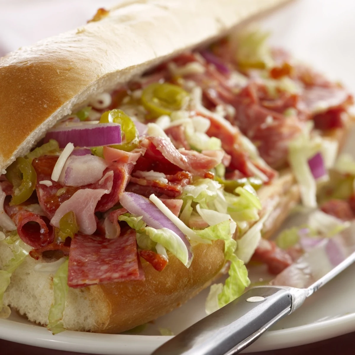 Toasted hoagie roll filled with the chopped Italian grinder sandwich, featuring diced salami, pepperoni, provolone, and crisp lettuce tossed in tangy dressing.