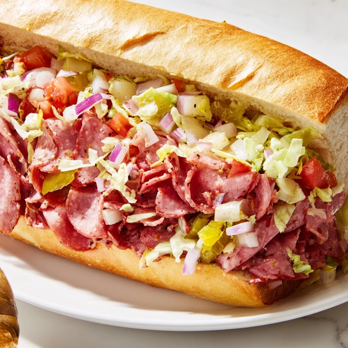Golden toasted hoagie roll cradling the messy, flavorful chopped Italian grinder sandwich, perfect for a quick and satisfying lunch.