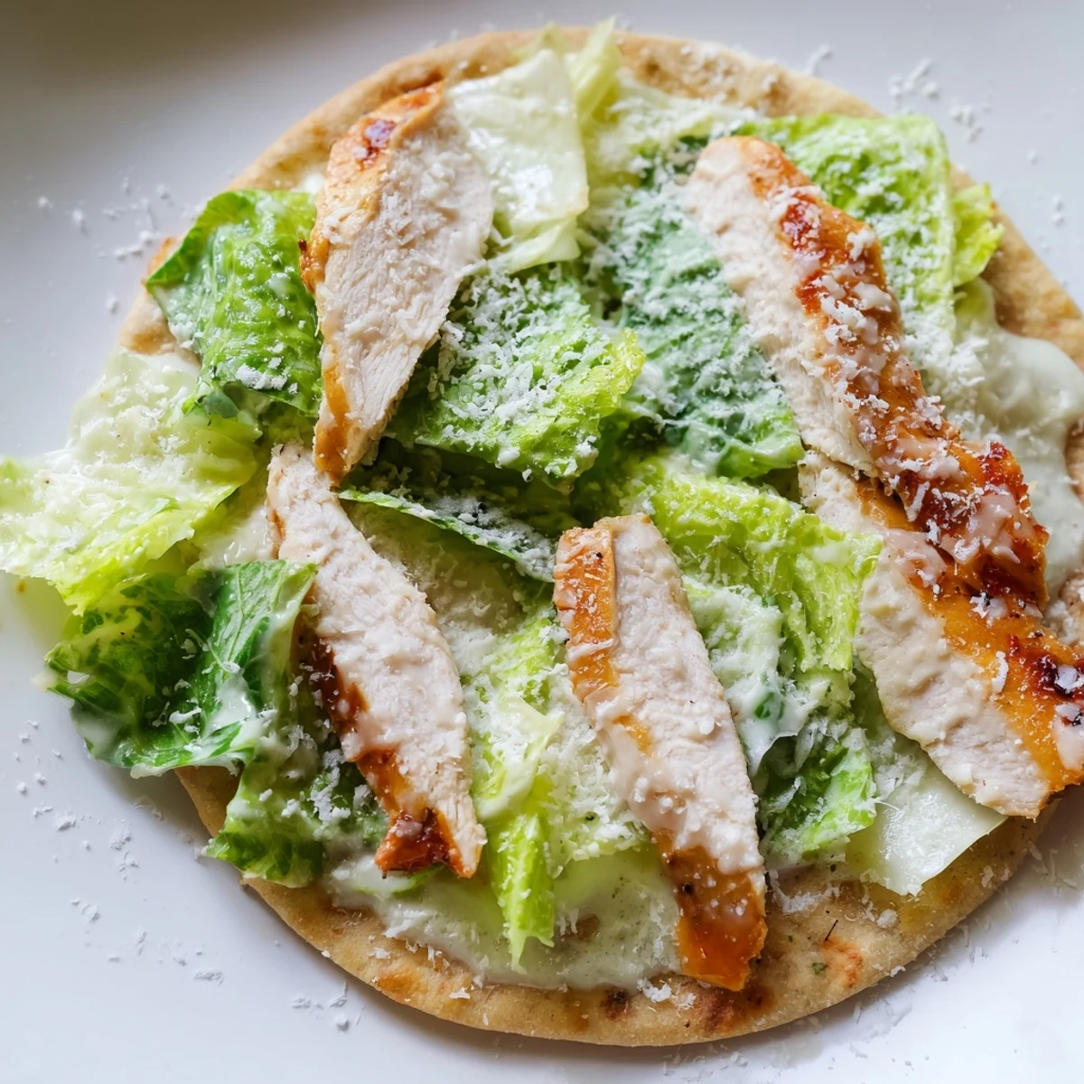 A close-up of golden-baked Chicken Caesar Flatbread topped with fresh romaine, grilled chicken slices, and parmesan.