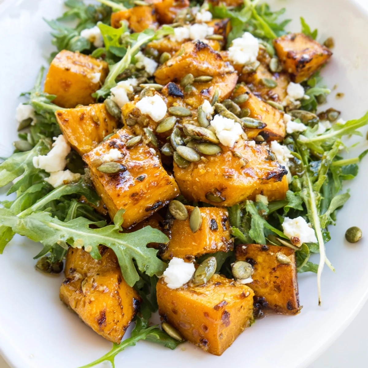 Colorful roasted sweet potato salad topped with crumbled feta, red onion, and pumpkin seeds, served as a healthy side.