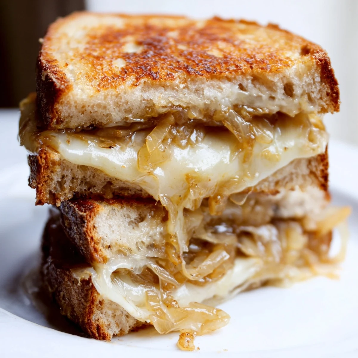 Golden, caramelized onions and melted sharp cheddar peek from buttery sourdough in this Caramelized Onion Grilled Cheese, served warm.  