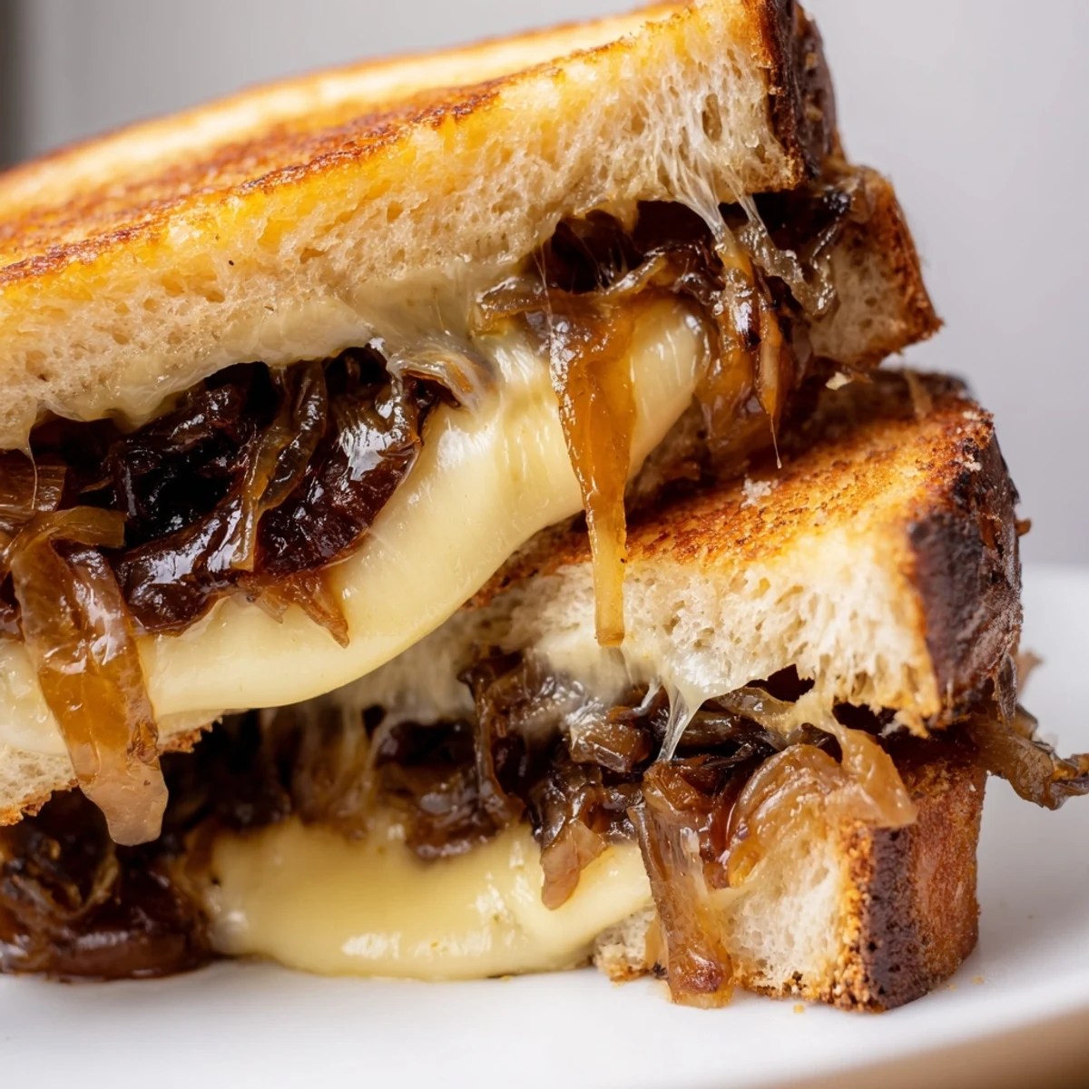 A close-up of a Caramelized Onion Grilled Cheese with crisp, golden-brown bread oozing melty cheddar and sweet jammy onions.  