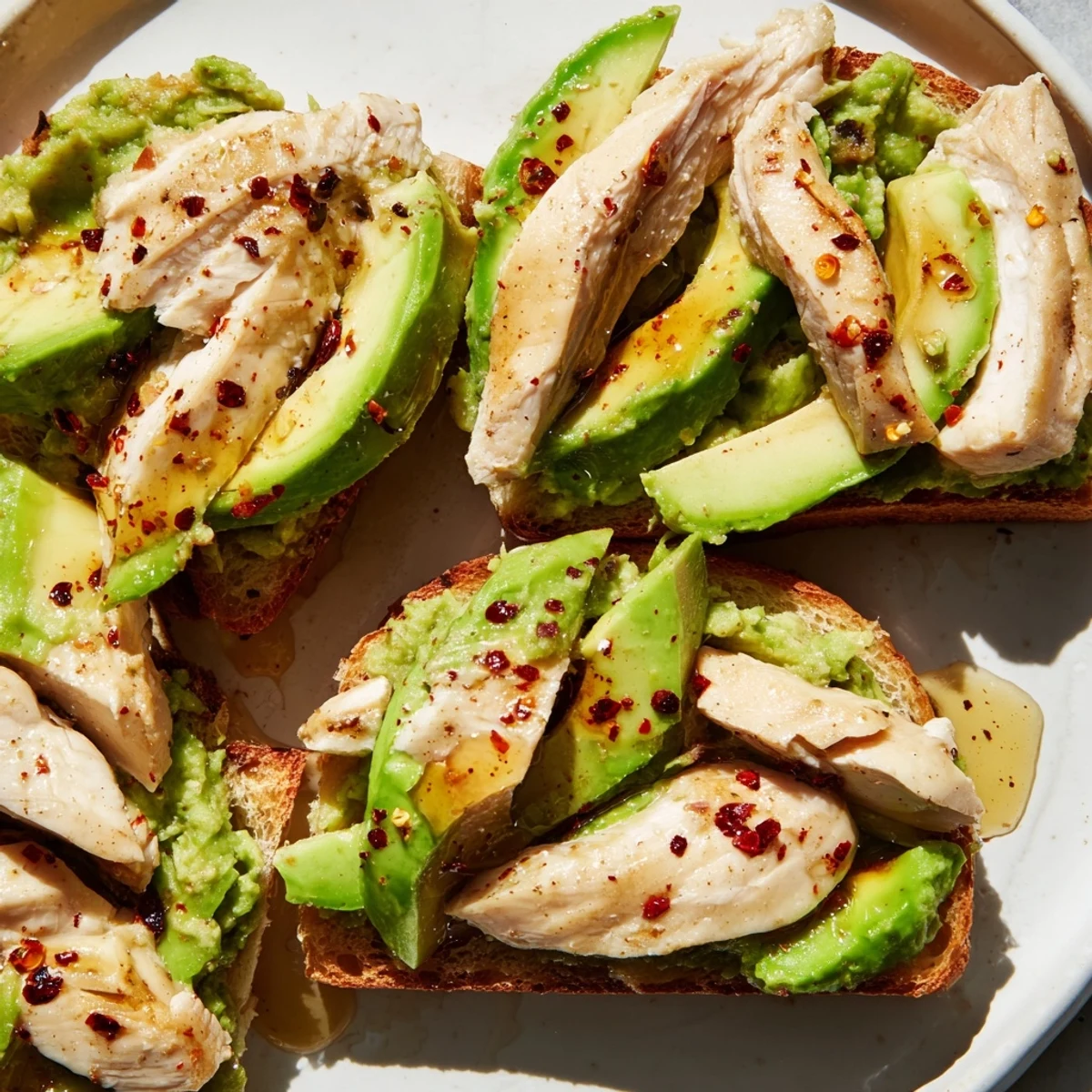 Golden grilled chicken slices fan out over creamy smashed avocado on toasted sourdough, topped with vibrant red chili flakes and a honey drizzle.