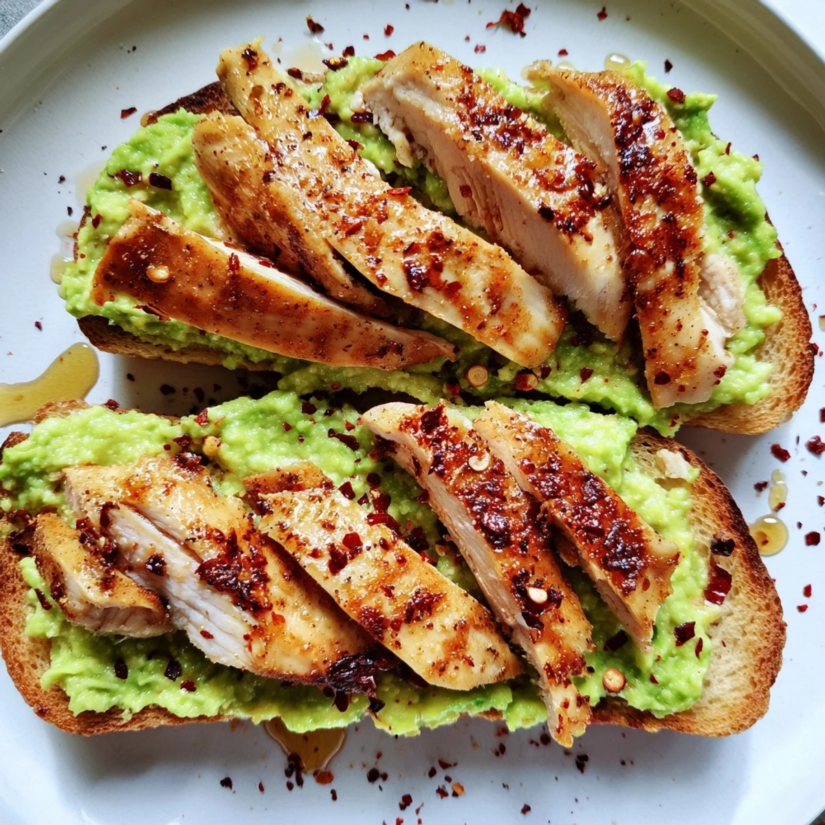 A close-up of Smashed Avocado Chicken Toast, showing thick-cut toast with smashed avocado, tender grilled chicken, and a glossy honey drizzle for flavor.